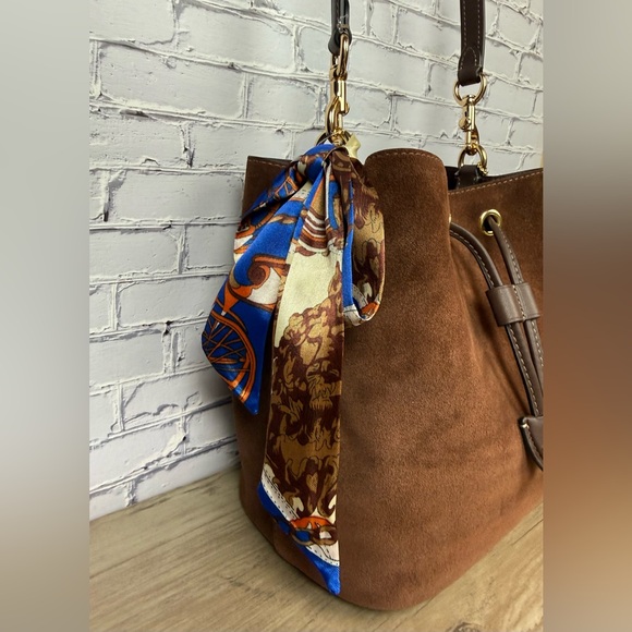 Coach Rowan Bucket Suede and Leather Bag Gold/Vintage Brown free unbranded scarf - Picture 12 of 16
